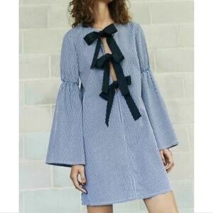 English Factory Light Blue Pinstripe Long Sleeve Dress with Black Ribbon Ties